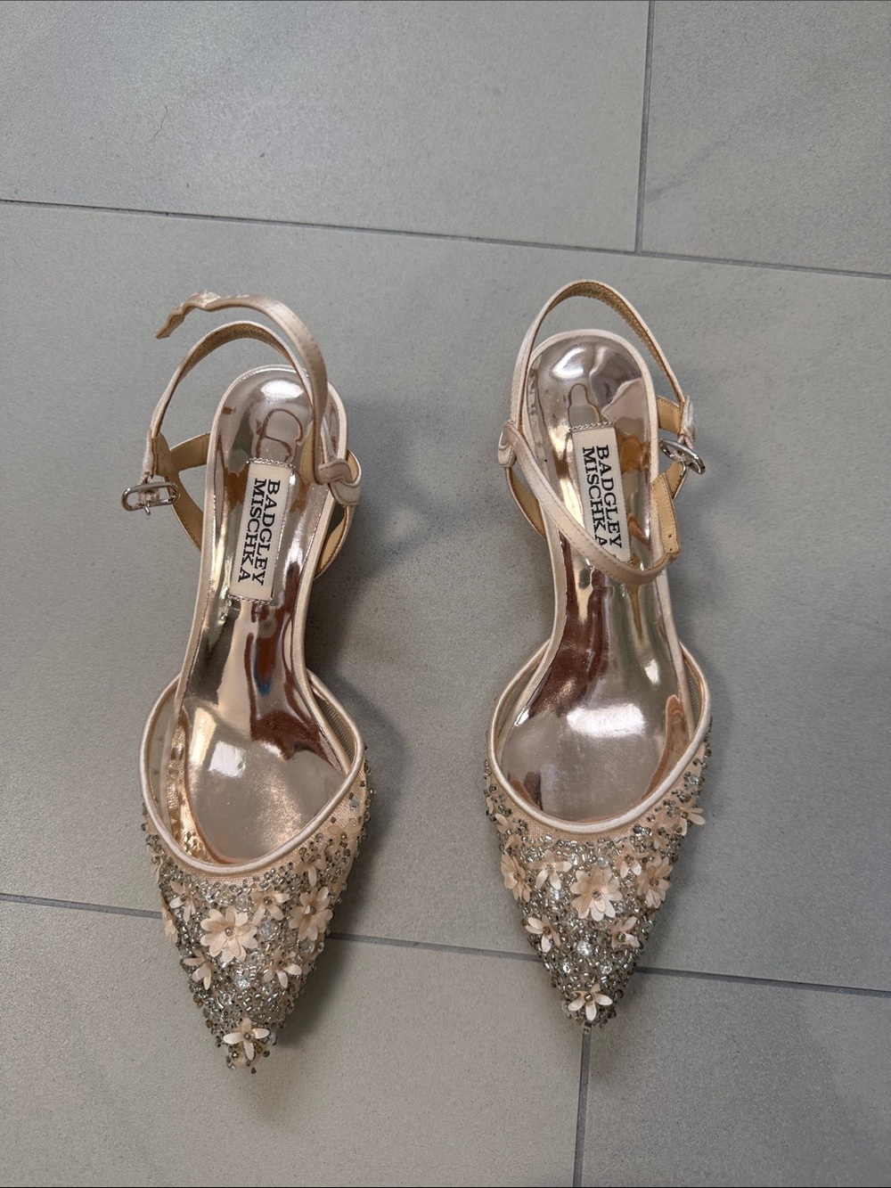 Badgley Mischka Rose Gold Crystal Floral Pointed Slingback Heels nwot with box 6